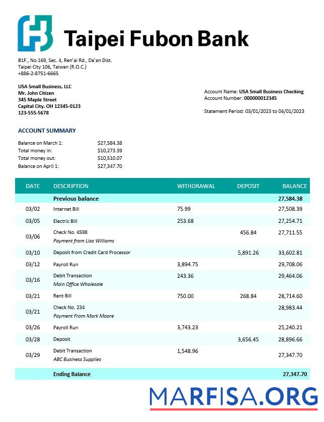 Printable Taipai Fubon Bank corporate checking account statement Word and PDF template